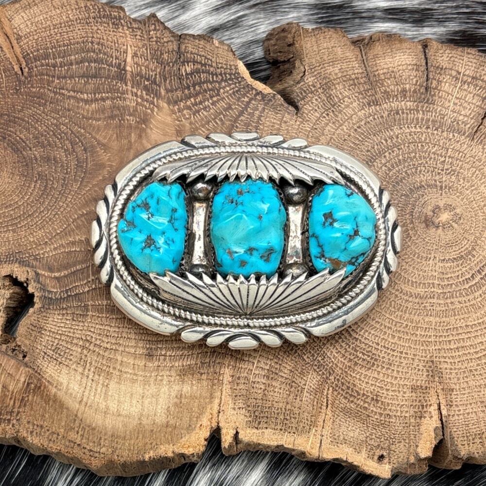 1970s ROBERT & BERNICE LEEKYA Zuni Sterling Silver Turquoise 3-Stone Belt Buckle